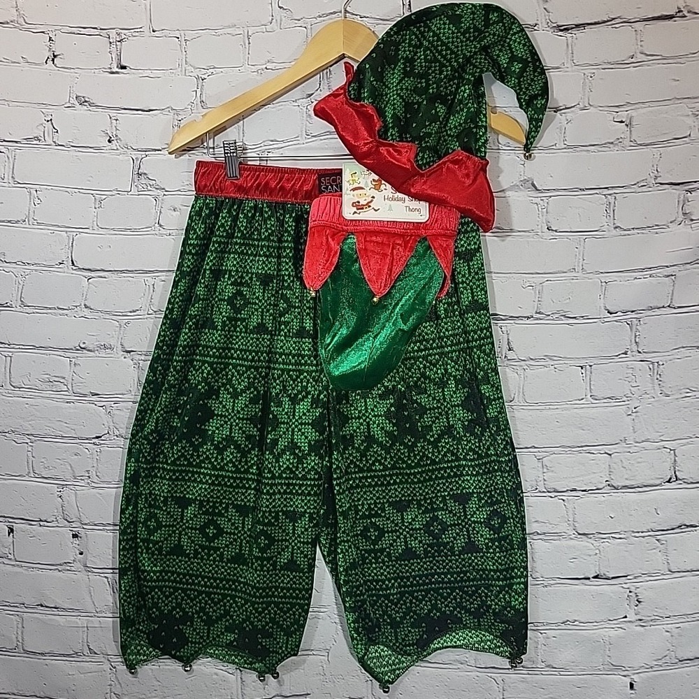 Secret Santa Mens Med 3 Piece Holiday Outfit Shorts Thong and Hat Christmas New